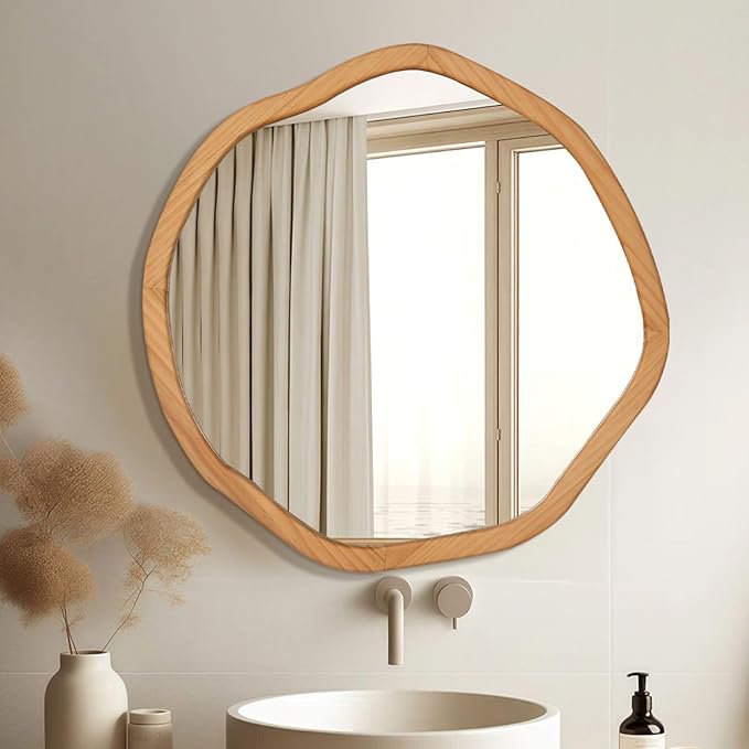 ULIKE Round Wood Mirror 24 Inch Circle Wall Mirror, Asymmetrical Bathroom by ULIKE