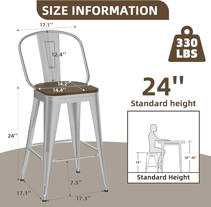24” Swivel Bar Stools Set of 4, Counter Height Bar Stools Wooden Seat, Metal - Image 2