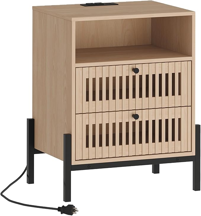 Vabches Nightstand with Charging Station and USB Ports, Industrial Style Fluted - Image 3