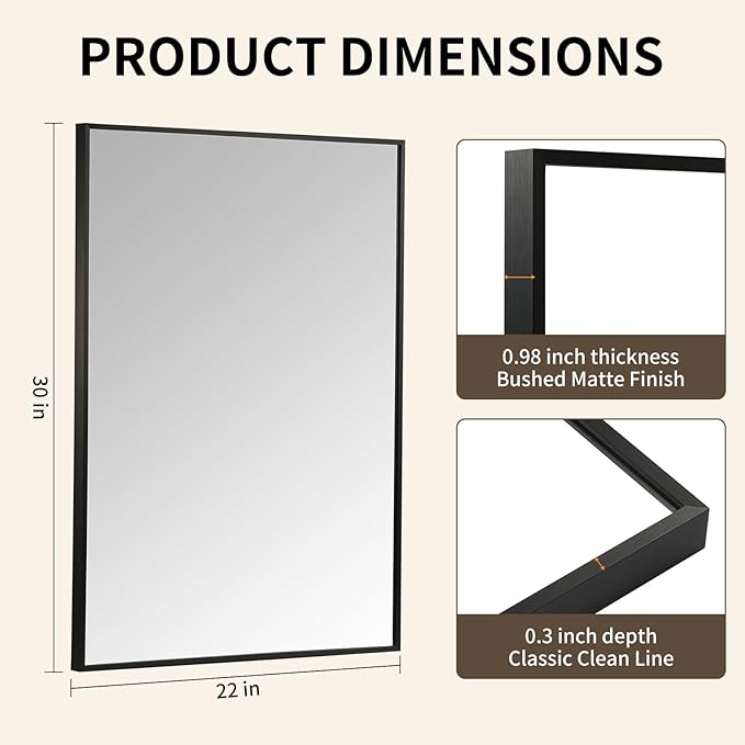 Matte Black Mirror, 22x30 Inch Aluminum Framed Rectangle Mirror, Tempered Glass - Image 5