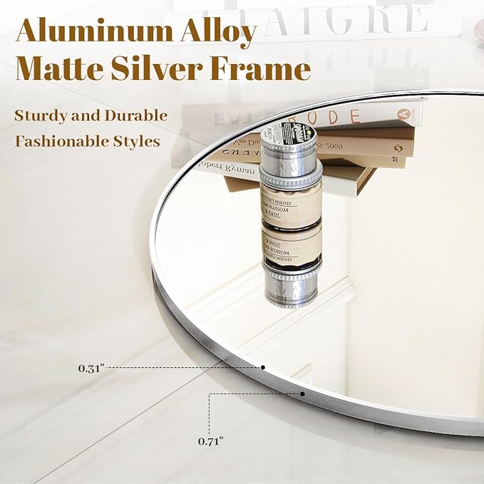 Silver Round Bathroom Mirror, 24 inch Circle Wall Mounted Hanging Mirror - Image 3