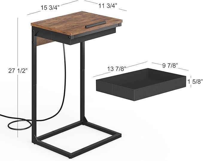 C Shaped End Table with Charging Station, 45° Tiltable Adjustable Flip Top - Image 3