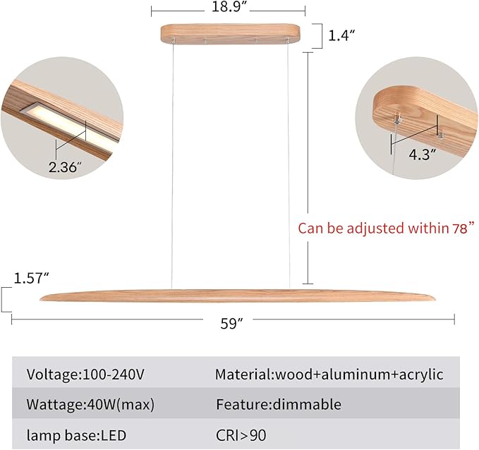 59" 40W Wood LED Linear Pendant Light Fixture Led Dining Room Light Dimmable - Image 3