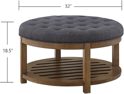 24KF Large Round Upholstered Tufted Linen Ottoman Coffee Table, Large Footrest - Image 2