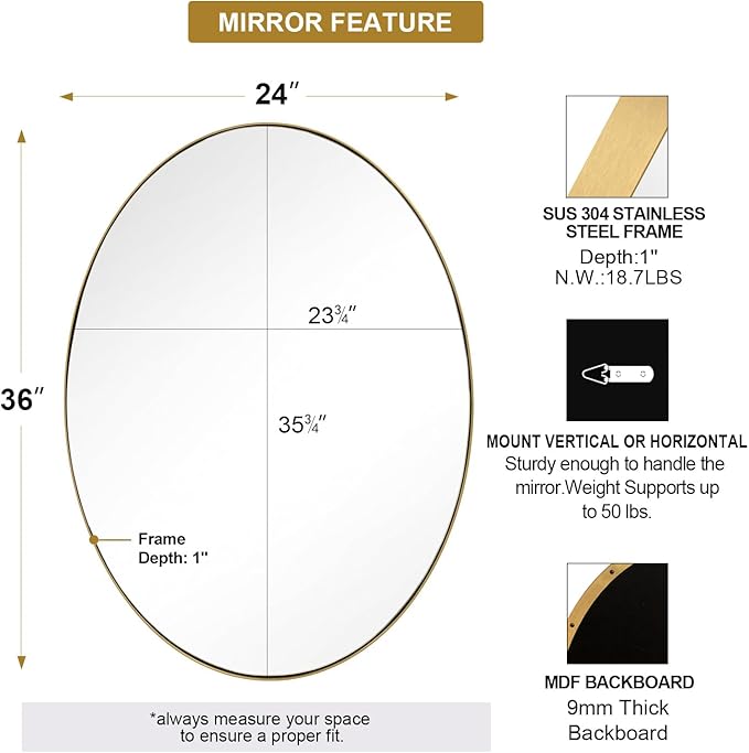 ANDY STAR Gold Oval Mirrors for Bathroom, 24x36 Inch Brushed Gold Stainless - Image 2