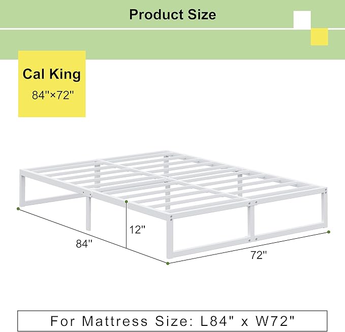 EMODA 12 Inch California King Bed Frame, Metal Platform White Bed Frame No Box - Image 2