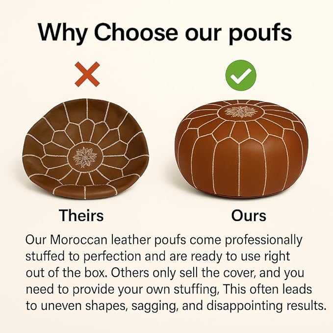 Stuffed Round Design Moroccan Leather Pouf Ottoman, Pre-Filled, 100% Genuine - Image 5