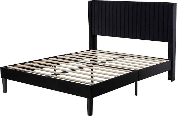 Allewie Full Size Velvet Bed Frame/Vertical Channel Tufted Wingback - Image 8