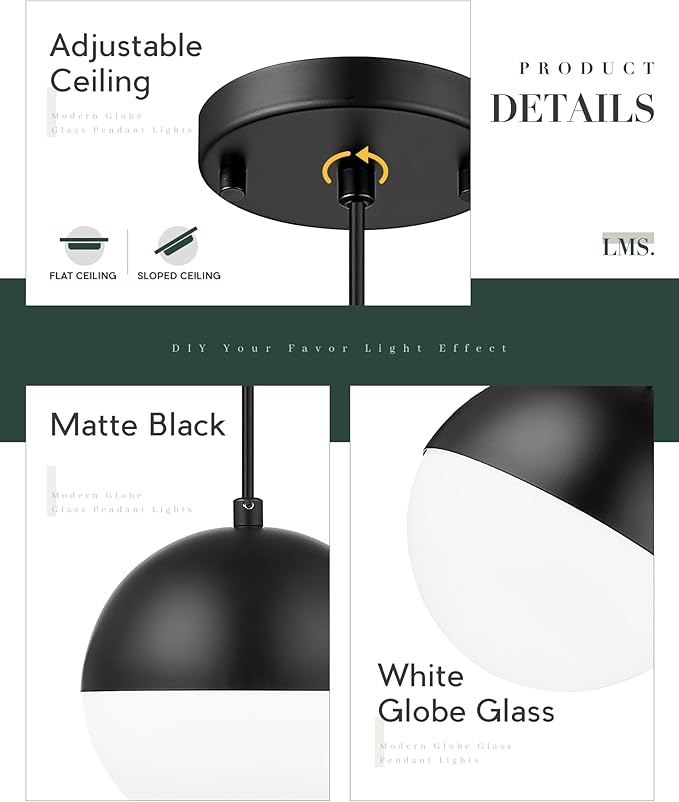 LMS 6-inch Mid Century Pendant Light, Matte Black Pendant Light Fixtures - Image 2