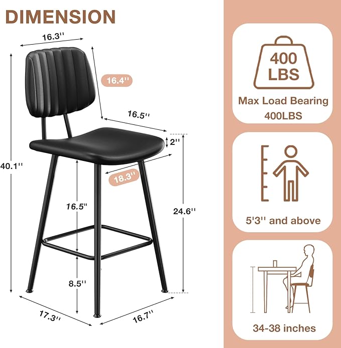 24-Inch Leather Bar Stools, Counter Height Barstools - Image 2