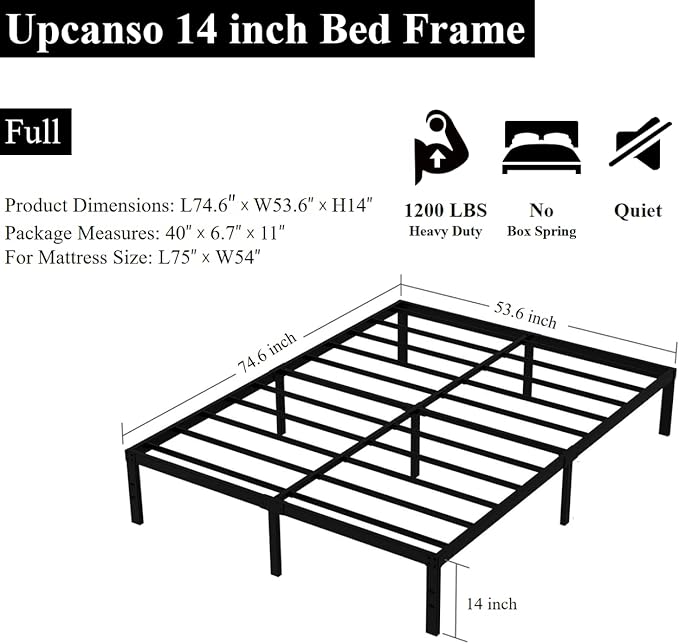 Full Bed Frame No Box Spring Needed, 14 Inch Heavy Duty Metal Platform Bed - Image 3