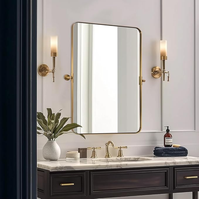 MOON MIRROR 24" x 36" Brushed Gold Metal Framed Pivot Rectangle Bathroom Mirror by MOONMIRROR