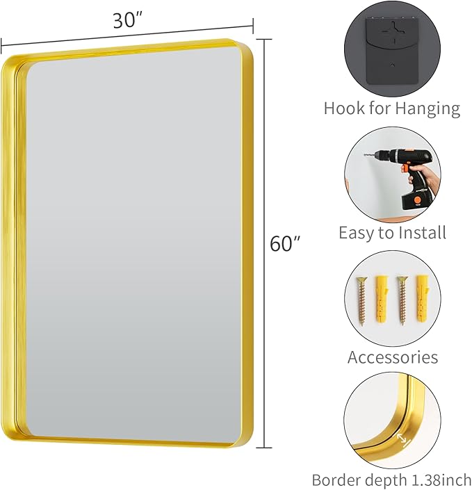 Koonmi Gold Bathroom Mirror for Wall, 30x60 Inch Matte Metal Deep Framed - Image 5