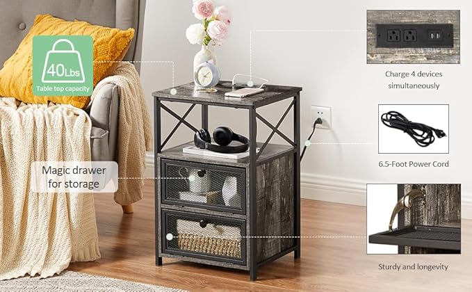 VECELO Oak Gray End Table with USB Ports and Outlets, 24 Inch Nightstands with - Image 10