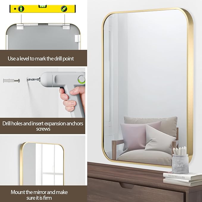 Gold Bathroom Mirror, 20x28 Inch Brushed Gold Mirror, Aluminum Alloy Framed - Image 6