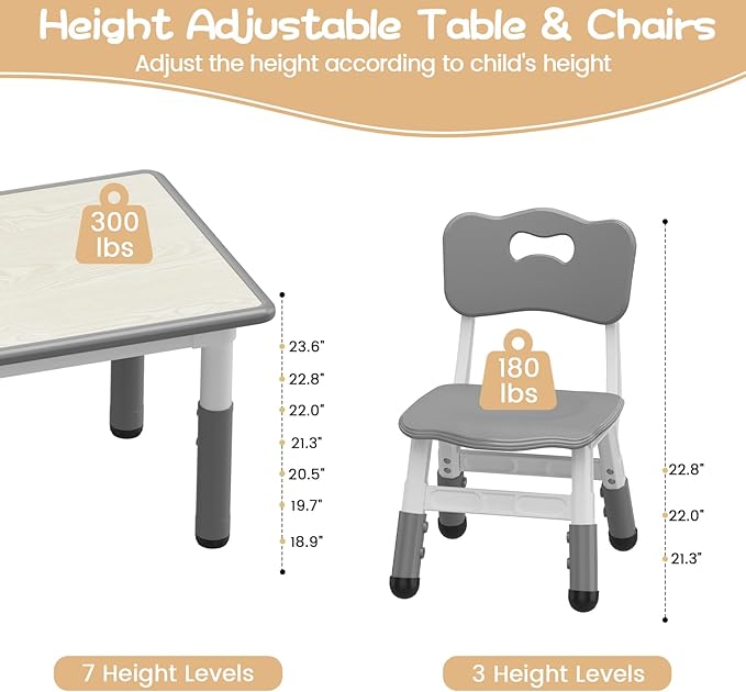 GarveeHome Kids Table and 4 Chairs Set, Height Adjustable Toddler Table and - Image 4