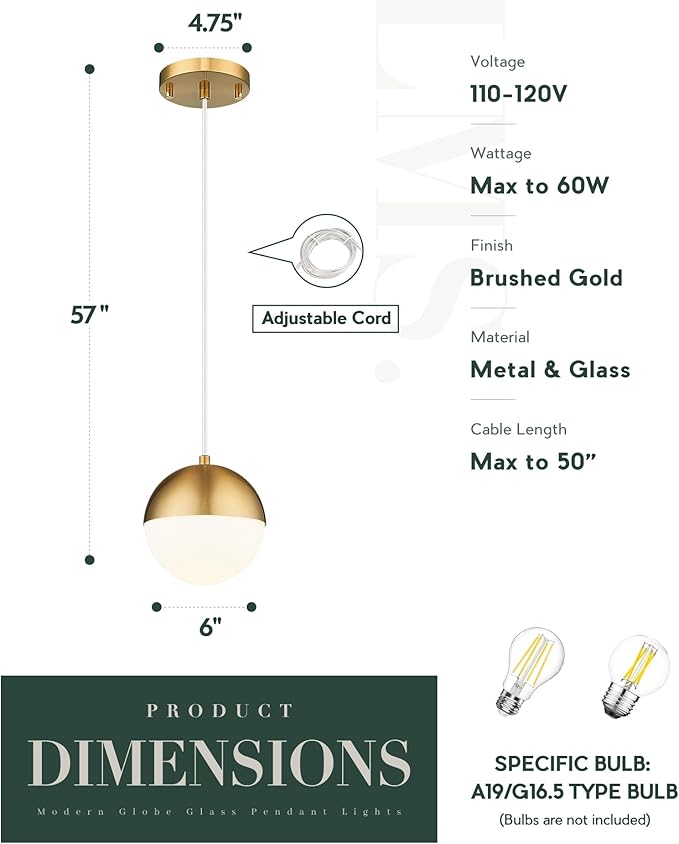 LMS 6-inch Brushed Gold Pendant Light Fixtures, Mid Century Pendant Light - Image 3