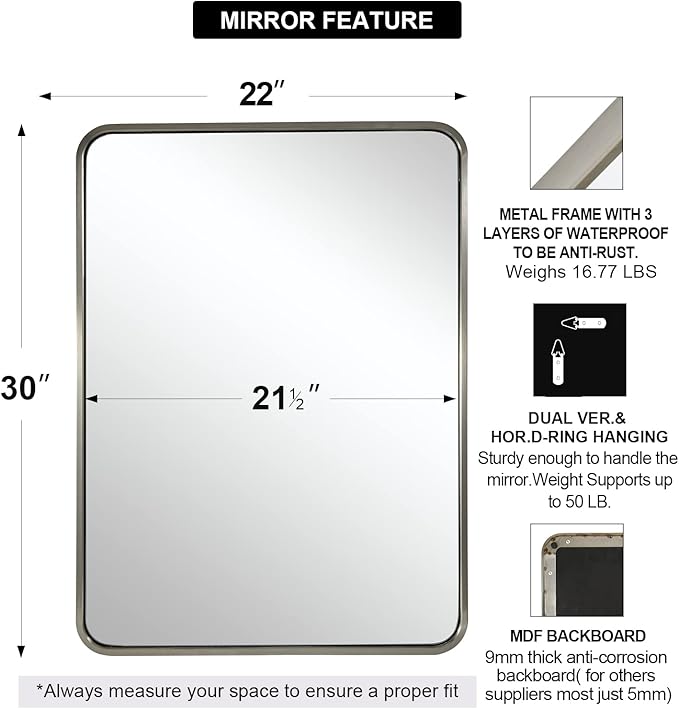 ANDY STAR 22x30'' Brushed Nickel Bathroom Mirror, Rounded Rectangle Brushed - Image 2