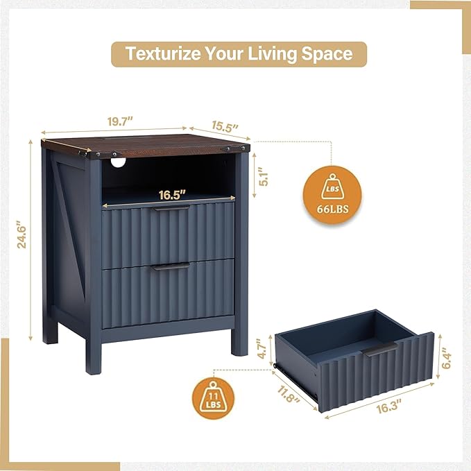 Navy Blue Nightstand with Charging Station Set of 2-20 Inch Wide Farmhouse - Image 3