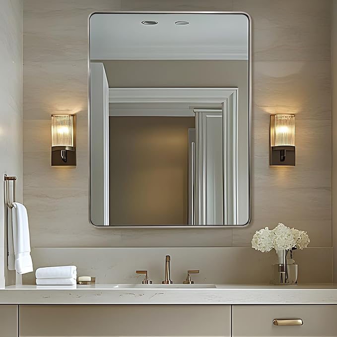 ANDY STAR 48x32 Inch Brushed Nickel Bathroom Mirror, Rounded Rectangle Bathroom - Image 7
