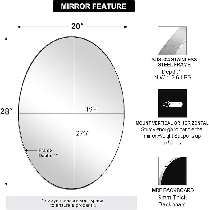 ANDY STAR Brushed Nickel Oval Wall Mirror, Modern Bathroom Mirror, Sturdy - Image 2