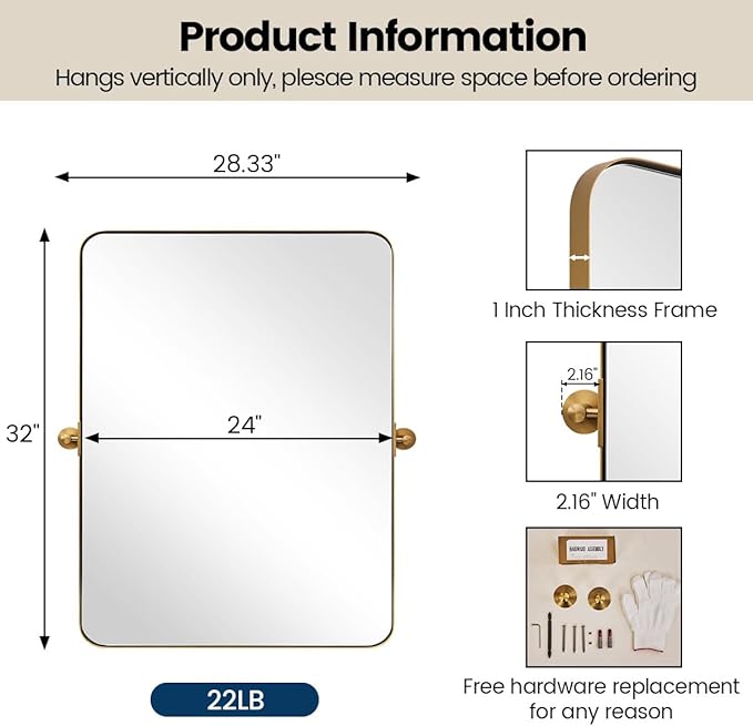 MOON MIRROR Brushed Gold Pivot Mirror, Brass Tilt Rectangle Pivot - Image 3