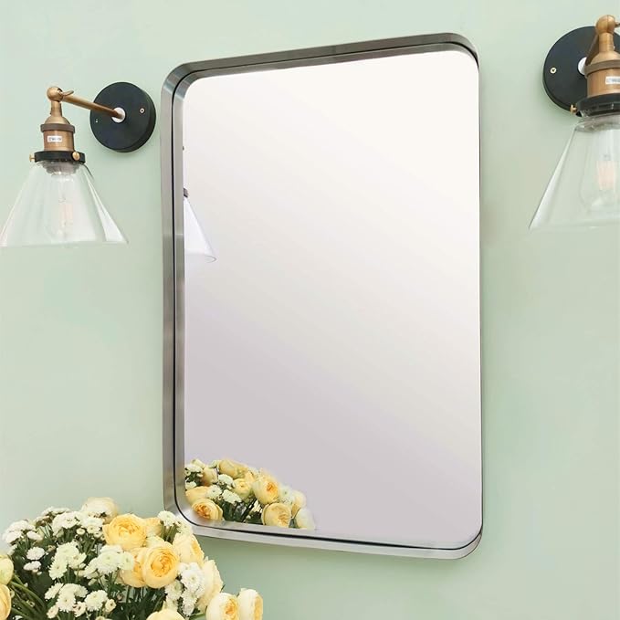 TEHOME 24x36 inch Brushed Nickel Silver Metal Framed Bathroom Mirror - Image 3