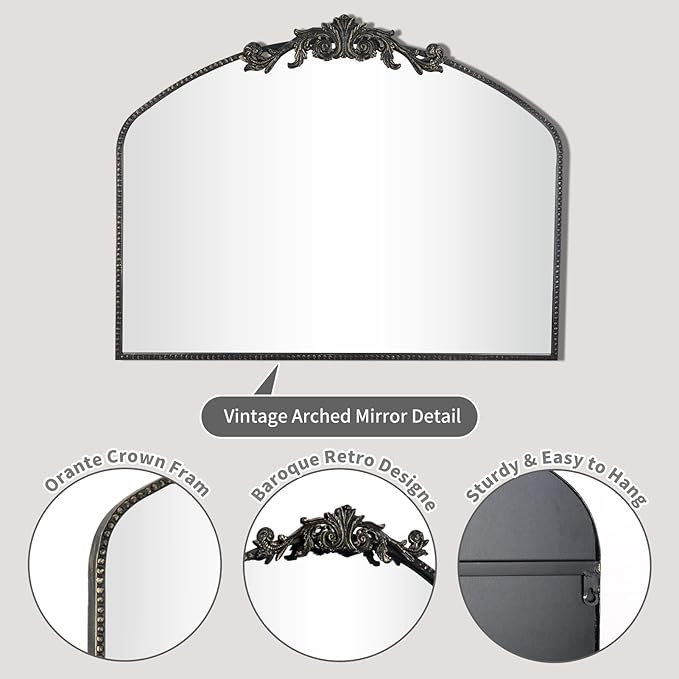 AIXI HOME Vintage Black Arched Mirror 36"X29", Antique Baroque Mantel Wall - Image 4