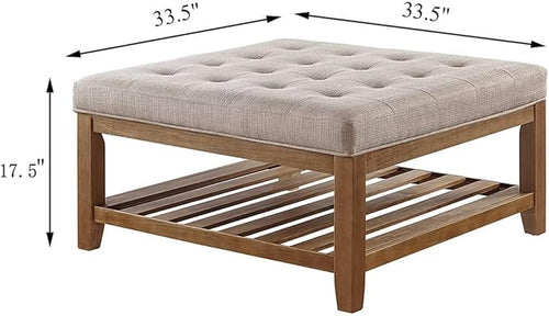 24KF Large Square Upholstered Tufted Linen Ottoman Coffee Table, Large Footrest - Image 2