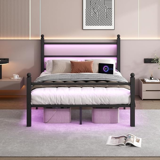 Full Size Bed Frame with Headboard and Footboard, Steel Slats Support-LED Bed by CLIBFENG