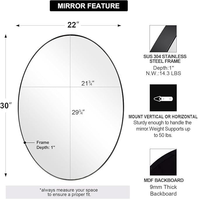ANDY STAR Black Oval Mirrors for Bathroom, 22x30 Inch Matte Black Stainless - Image 2