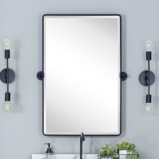 Farmhouse Pivot Rectangle Bathroom Mirror Black Metal Framed Tilting Beveled by TEHOME