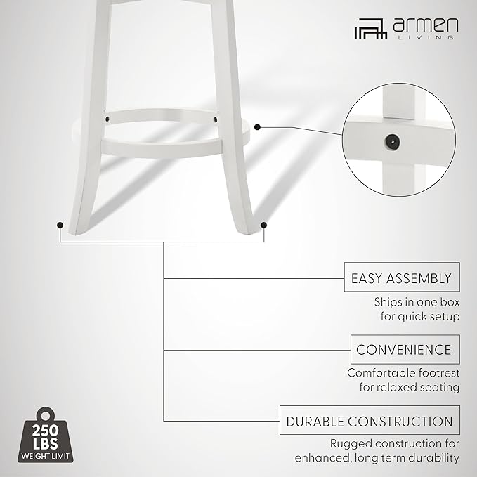 Armen Living Blair 30 in. Matte White Bar Height Rubberwood Swivel Barstool - Image 16