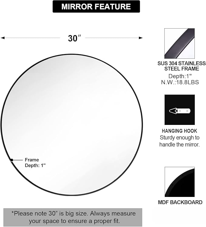 ANDY STAR Round Wall Mirror for Bathroom, 30 Inch Black Circle Mirror Modern - Image 2