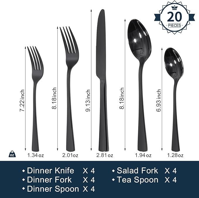 KINGSTONE 18/10 Stainless Steel Flatware, 20-Piece Forged Silverware Set - Image 2