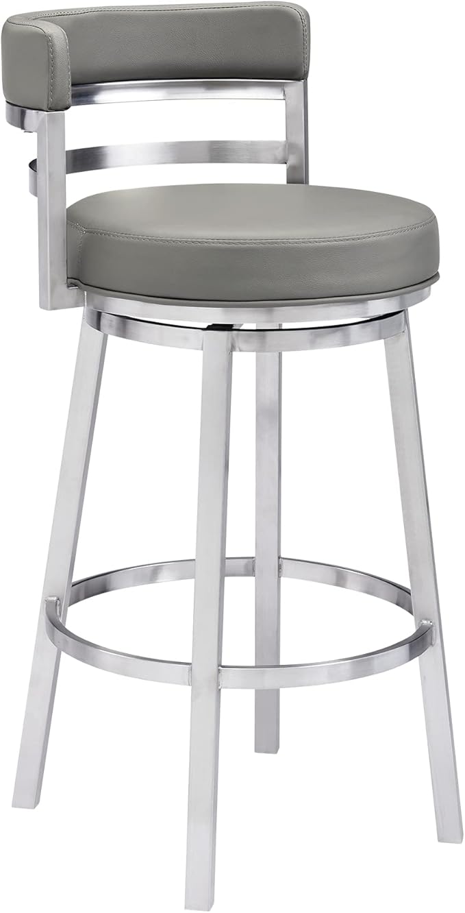 Armen Living Madrid 30" Bar Height Swivel Modern Grey Faux Leather and Brushed by ArmenLiving