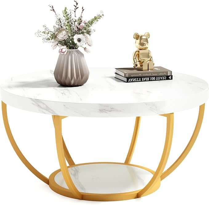 LITTLE TREE Round Coffee Table, 2-Tier Golden Metal Legs Accent Center Table by LITTLETREE
