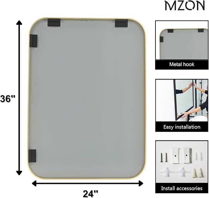 MZON 24x36 Inch Gold Bathroom Mirror – Brushed Gold Rectangular Vanity Mirror - Image 4