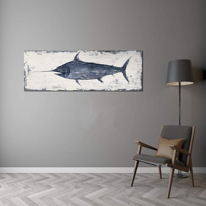 Yihui Arts Indigo Blue Swordfish Canvas Wall Art Painting Pictures - Image 4