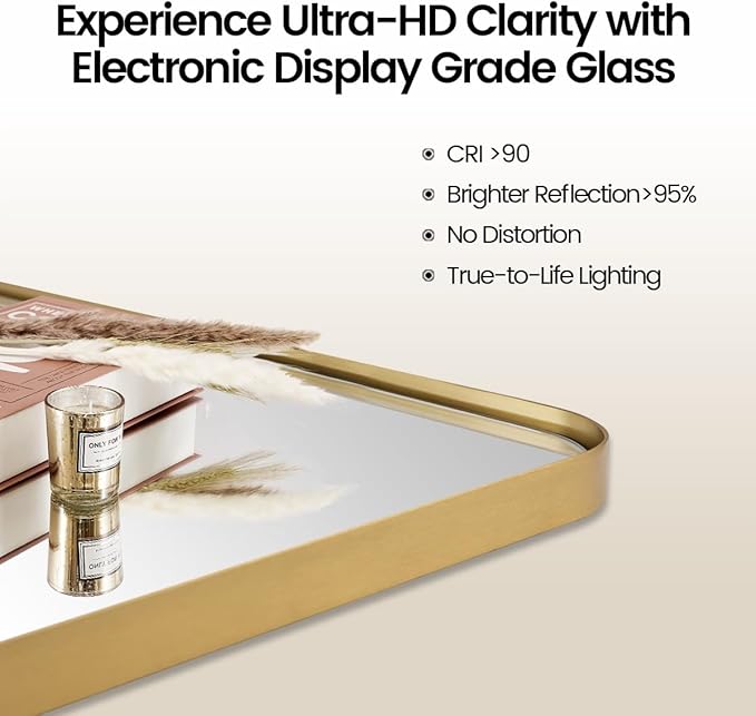 MOON MIRROR 36" x 24" Brushed Gold Rectangle Bathroom Mirror, Tilting Rounded - Image 3