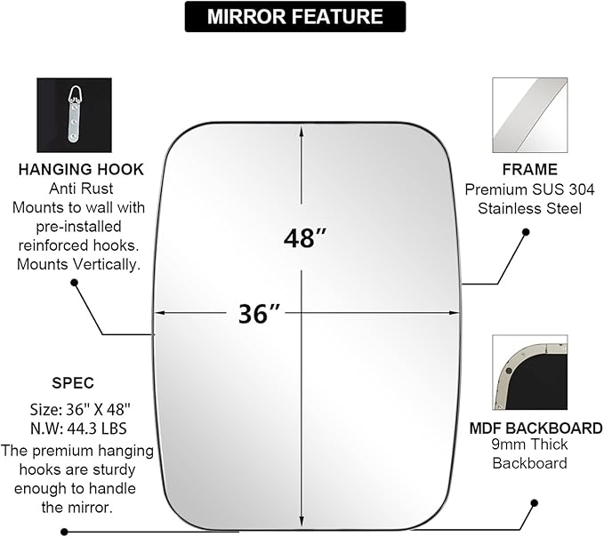 ANDY STAR Chrome Oblong Mirror, 36x48 Inch Polished Chrome Oval Mirror - Image 5