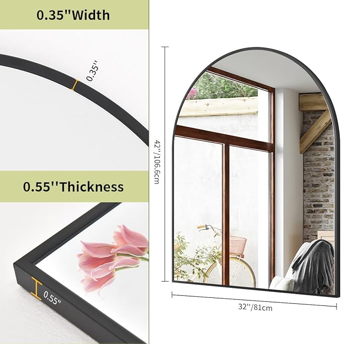 BEAUTYPEAK 32"x42" Arch Bathroom Mirror, Wall Mounted Vanity Metal Frame Mirror - Image 5