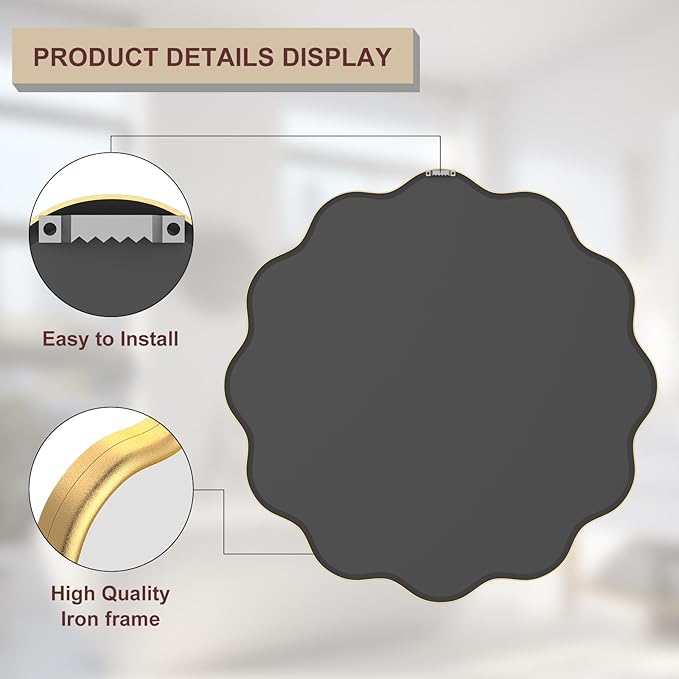 PROHOMEWARE Gold Round Mirror 36 Inch Wavy Bathroom Vanity Mirror Gold Frame - Image 4