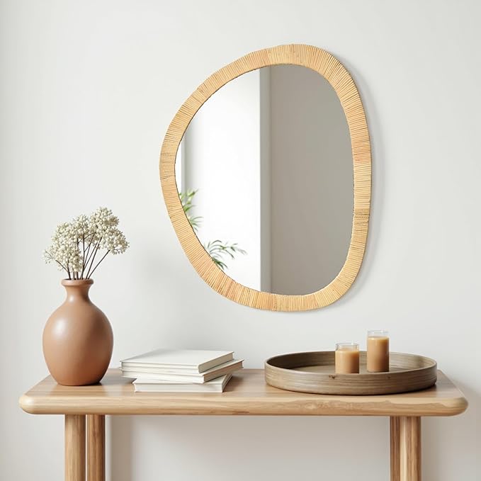H HOMEWINS Rattan Mirror for Wall, 31.5'' x 25.2" Wooden Framed Farmhouse Boho - Image 7