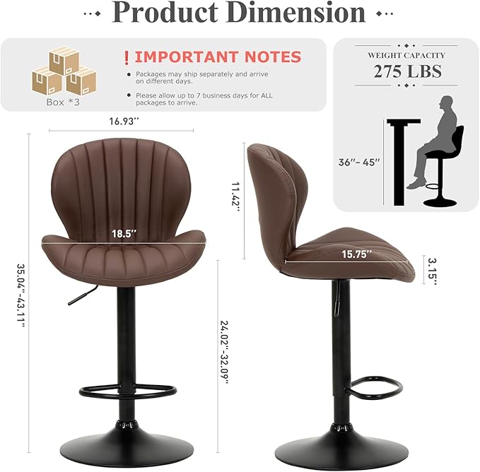 COLAMY Bar Stools Set of 6, Modern Swivel Bar Chairs, Adjustable Faux Leather - Image 2