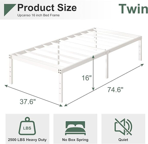 16 Inch White Twin Bed Frames No Box Spring Need, Metal Platform Bed Frame Twin - Image 2