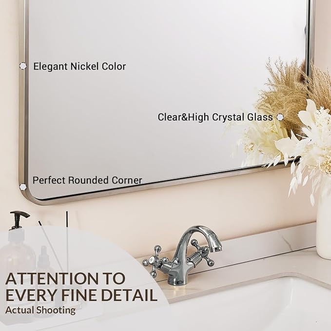ANDY STAR 40x32 Inch Brushed Nickel Bathroom Mirror, Rounded Rectangle Bathroom - Image 7