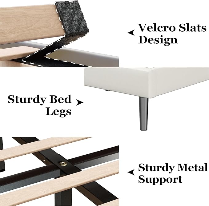 Queen Size Bed Frame with Velvet Upholstered Headboard, Platform Bed with - Image 5