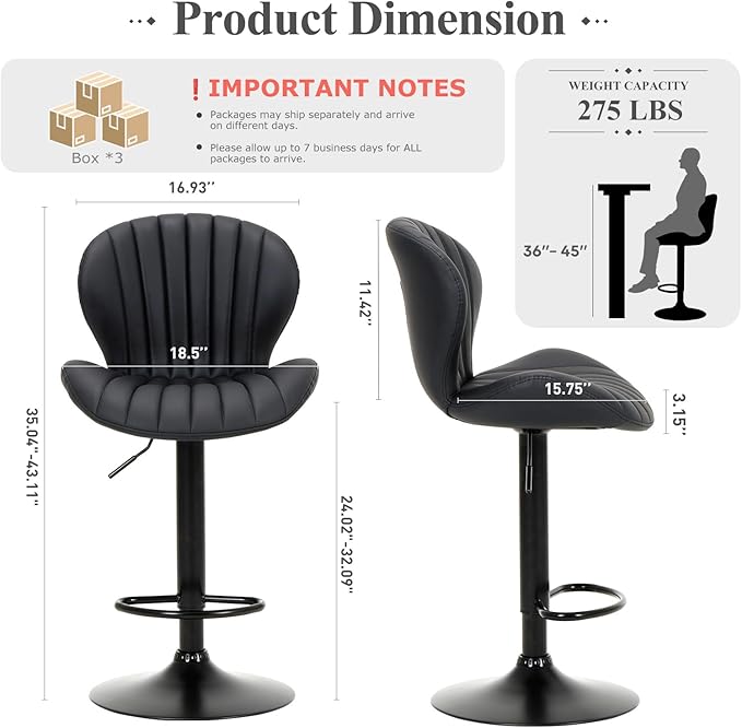 COLAMY Bar Stools Set of 6, Modern Swivel Bar Chairs, Adjustable Faux Leather - Image 2
