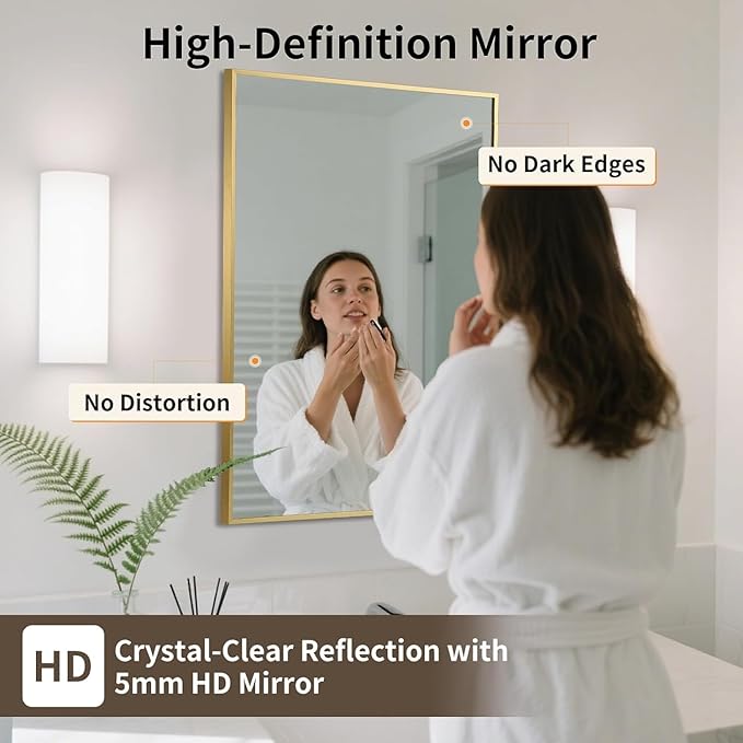 Brushed Gold Mirror, 16x20 Inch Aluminum Framed Rectangle Mirror, Tempered Glass - Image 2